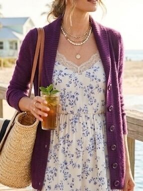 100% Cashmere Deep Plum Button-Front Shawl Collar Cardigan (Sz S) Lux Classic